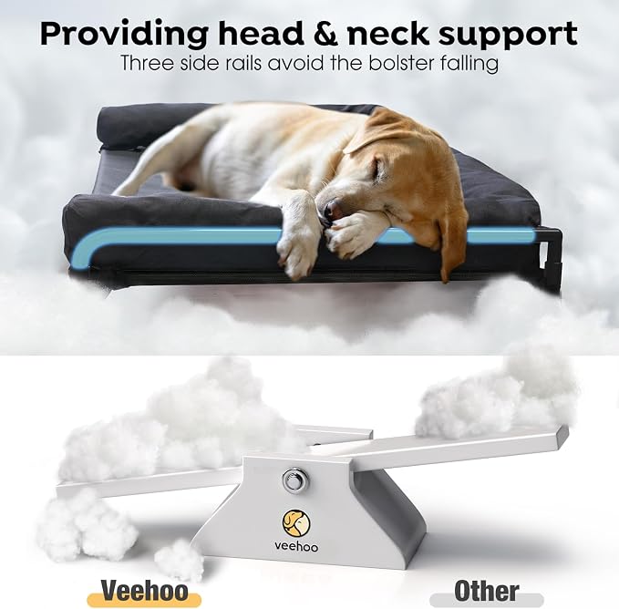 Veehoo Outdoor Elevated Dog Bed-Cooling Raised Dog Cot for Large Sized Dogs | Three-Sided Fence Raised Pet Cot with Mesh & No-Slip Feet Dog Hammock Bed with Removable Bolster-41" x 27" Black