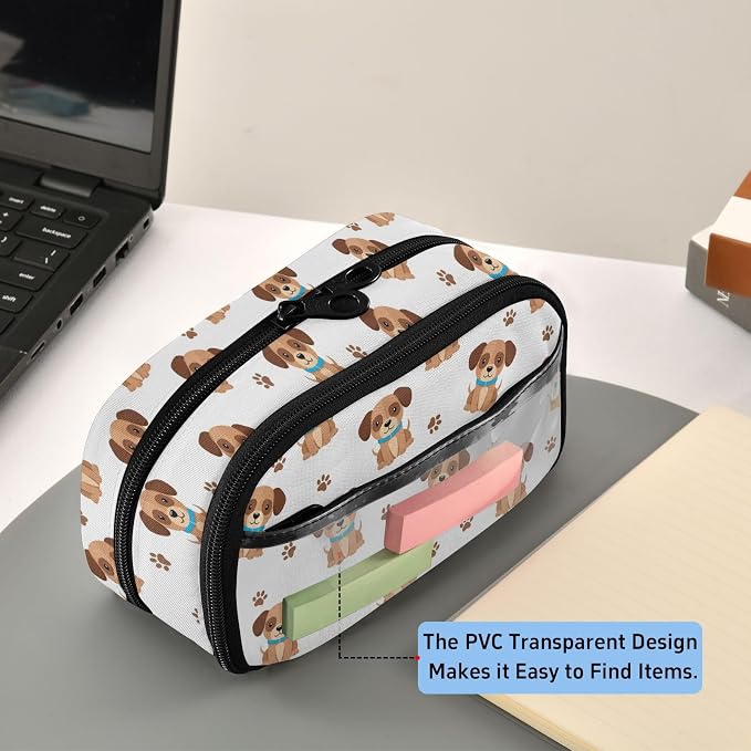 Cute Pets Puppies White pattern Large Capacity Pencil Case with Zipper Water Resistant Portable Organizer Pen Bag for Office Students School