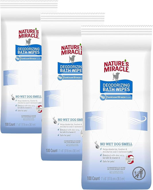 Nature's Miracle Deodorizing Bath Wipes Sunkissed Breeze Scent, 100 Count (Pack of 3)