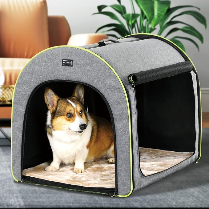 PETSFIT Collapsible Dog Crate, Travel Dog Crate - 30 Inch Lightweight, Roomy, Easy to Set Up, Sturdy Soft Dog Kennel with Thick Mat, Snowflake Grey