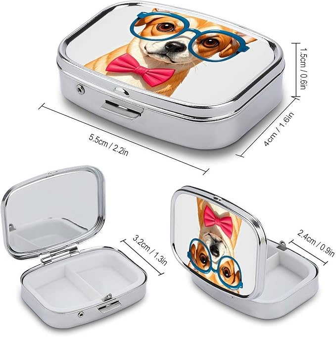 Pet Dog Soft Bow Tie, Oversized Glasses Pill Box 2 Compartment Medicine Pill Case Portable Pill Organizer for Pocket Or Purse Decorative Metal Medicine Vitamin Organizer