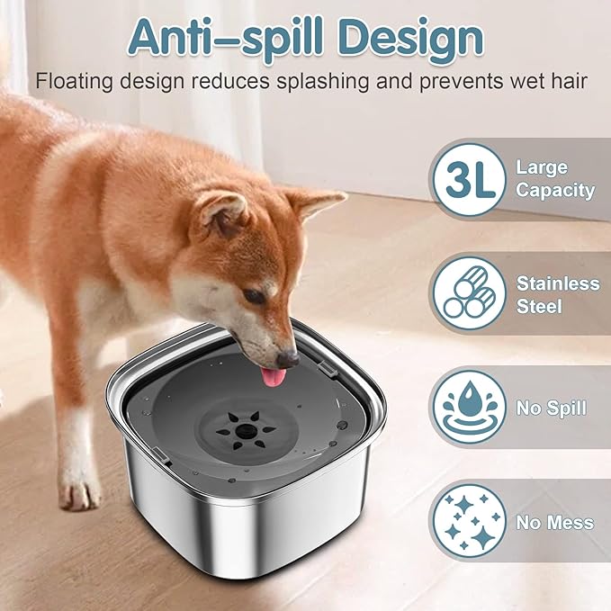UPSKY 3L Dog Water Bowl 101oz Stainless Steel No Spill Large Capacity Dog Food Water Bowl Slow Water Feeder, Spill Proof Pet Water Dispenser Vehicle Carried Travel Water Bowl