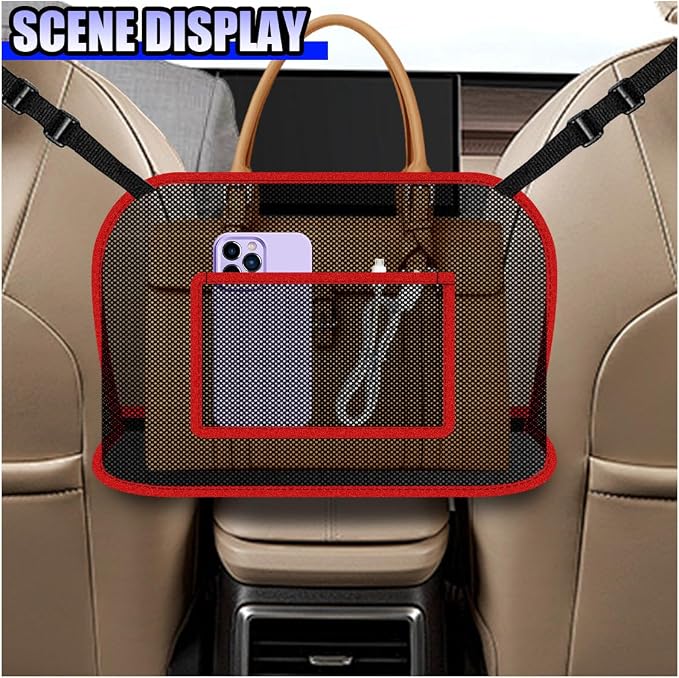 Car Net Pocket Handbag Holder, Large Capacity Automotive Organizer Mesh Pouch Between Front Seats, Auto Backseat Barrier for Pet Kid, Universal Vehicle Storage Bag for Women Men(Red)