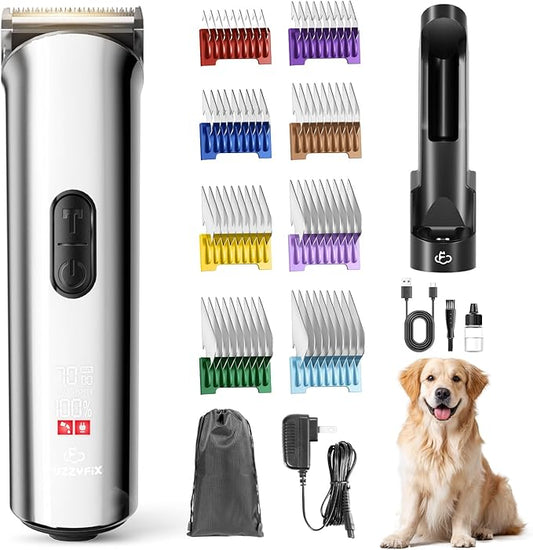 Professional Dog Grooming Clippers with Charging Dock, 5-in-1 Adjustable Blade Cordless Pet Grooming Kit 5 Speed Rechargeable Trimmer Hair Shaver with Detachable Metal Guide Combs for Animal