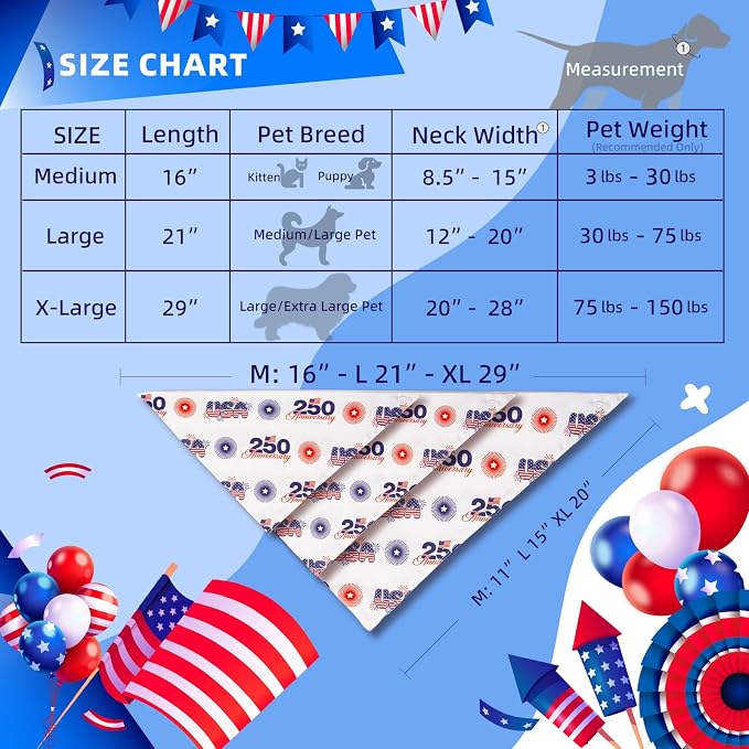 250th Anniversary Dog Bandana, American Flag Triangle Scarf, Adjustable Snap Button Patriotic Neckwear for Giant Breeds 75lbs+