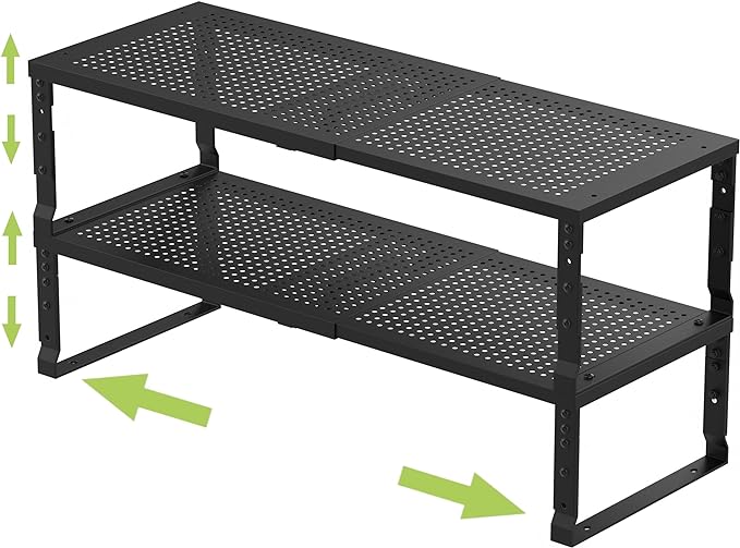 Jojocross Expandable Adjustable Stackable Kitchen Organizer, Spice Rack,Metal Pantry Storage Shelves Racks,Counter Shelf for Cabinets, Countertop, Cupboard (2 Packs/Large/Black)