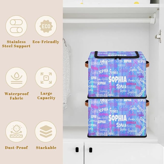 Personalized Name Storage Basket with Zipper Lid, Canvas Storage Bins Toys Clothes Organizer for Bedroom, Kitchen, Bathroom, Nursery, Shelves, Closets, Gradient Light Blue Stripes with Stars