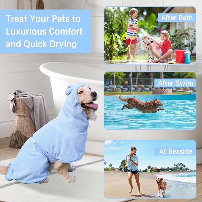 Pet Bathrobe for Dog Cat Absorbently Quick Drying Coat Cute Dogs Bath Towel Hooded Robe Adjustable Collar & Belly Strap for Pool Beach (Blue, Medium)
