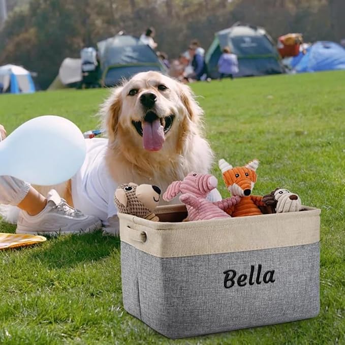 Ulico Collapsible Pet Storage Organizer, Personalized Dog Toy Bin with Handles - Custom Pet's Name Gift, Gray