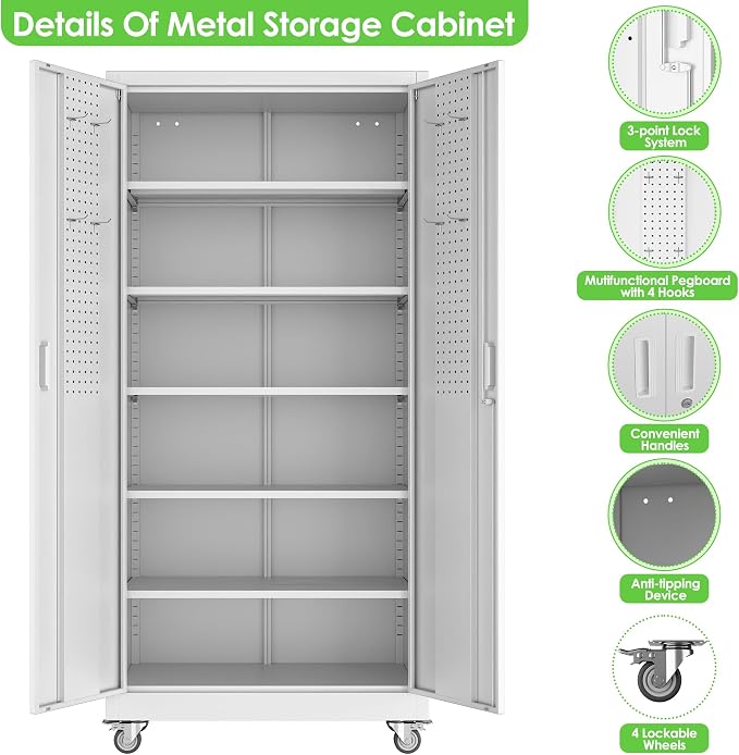 Reemoon White Metal Storage Cabinet with Wheels, Lock and Pegboard | 71 x 32 x 16 in steel cabinet with 5 adjustable shelves, locking doors, casters and door pegboard; assembly required.