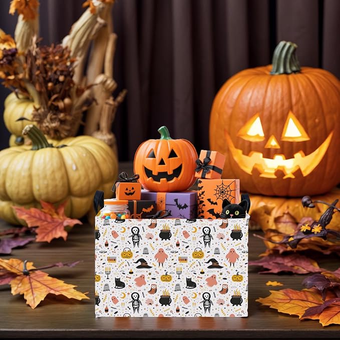 Large Halloween Basket Gift Cute Pumpkin Ghost Parties Decor Kid Trick or Treat Basket for Boys and Girls Rectangular Storage Bin Box (Cartoon Skeleton)