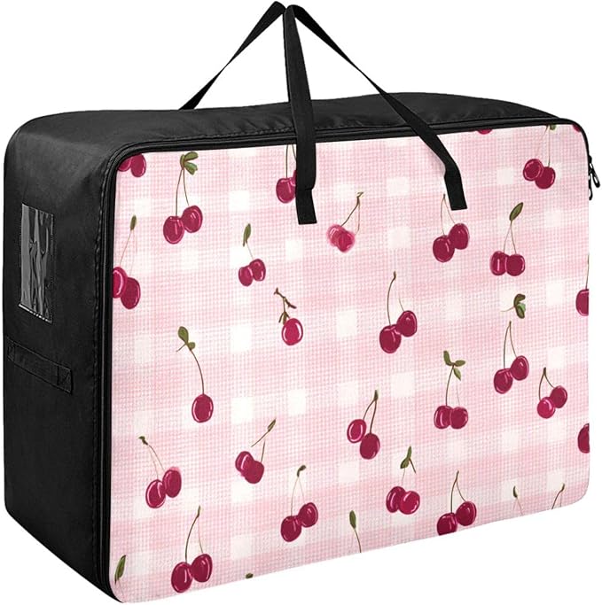 Comforter Storage Bags Large Folding Blanket Organizer Bag with Strong Handles Clear Window Closet Storage Containers for Clothes King Queen Pillows Bedding Quilt Duvet Pink Gingham Cherry