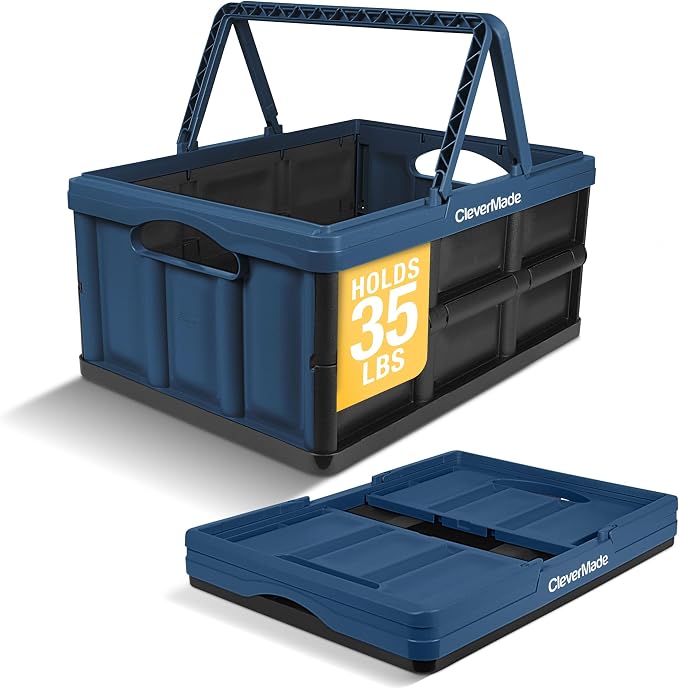 CleverMade Collapsible Shopping Basket, 32L Storage Crate, 1 Pack, Ocean | Carry Bigger Grocery Hauls with Confidence | Rigid Walls Hold 35 lb, While Top and Side Handles Balance the Load