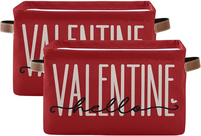 Happy Valentine's Day Red Storage Basket with Waterproof Liner and PU Handles Hello Valentine Love Gift Storage Bins Boxes 14.2" Collapsible Decorative Organizer Baskets for Bedroom Closet 2 Pack