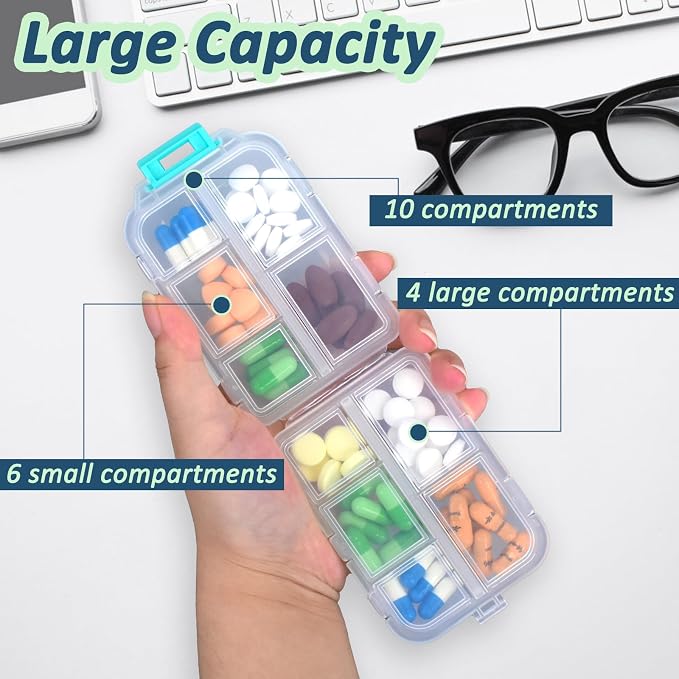2 Pack Pill Organizer Travel Case - 10 Compartments Weekly Daily Medicine Container with 330 Labels, Double Lock Design, Portable for Purse/Car/Office (White & Grey)