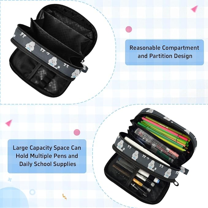 Cute Pets Poodle Black pattern Large Capacity Pencil Case with Zipper Water Resistant Portable Organizer Pen Bag for School Office Students