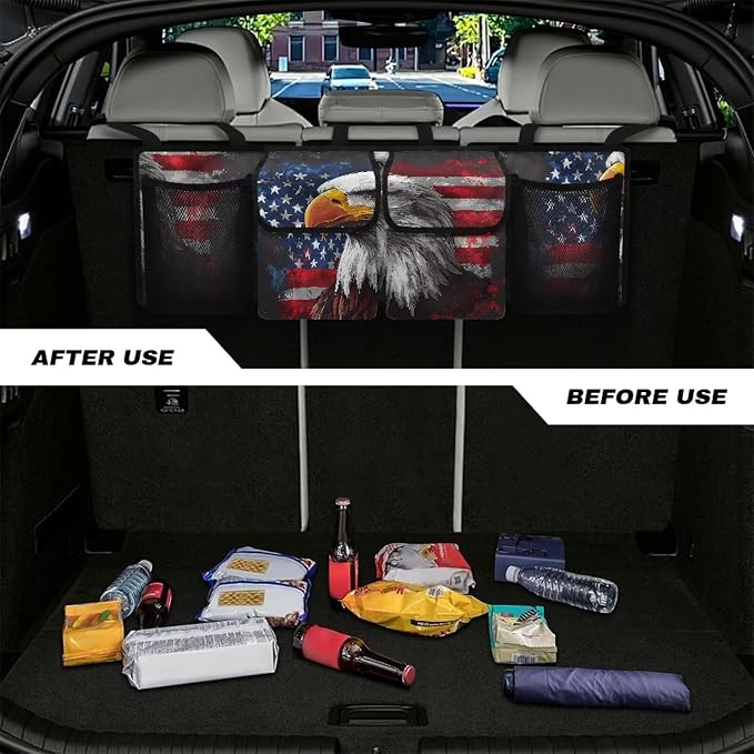 Dreaweet American Flag Bald Eagle Trunk Organizer for Car with Pockets Collapsible Trunk Organizer for SUV Trucks Sedan Van Patriotic Car Accessories Interior Back Seat Hanging Storage Organizers