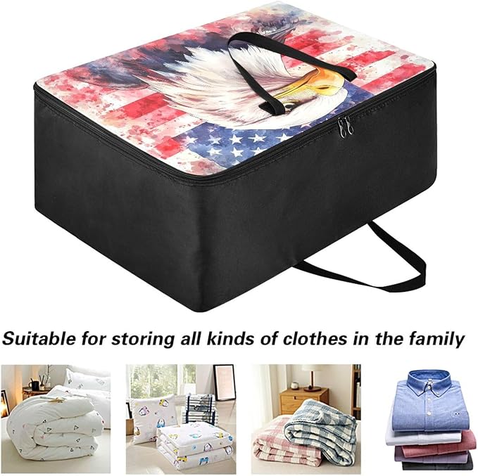 Comforter Storage Bags Large Folding Blanket Organizer Bag with Strong Handles Clear Window Closet Storage Containers for Clothes King Queen Pillows Bedding Quilt Duvet Bald Eagle Usa Flag 4th