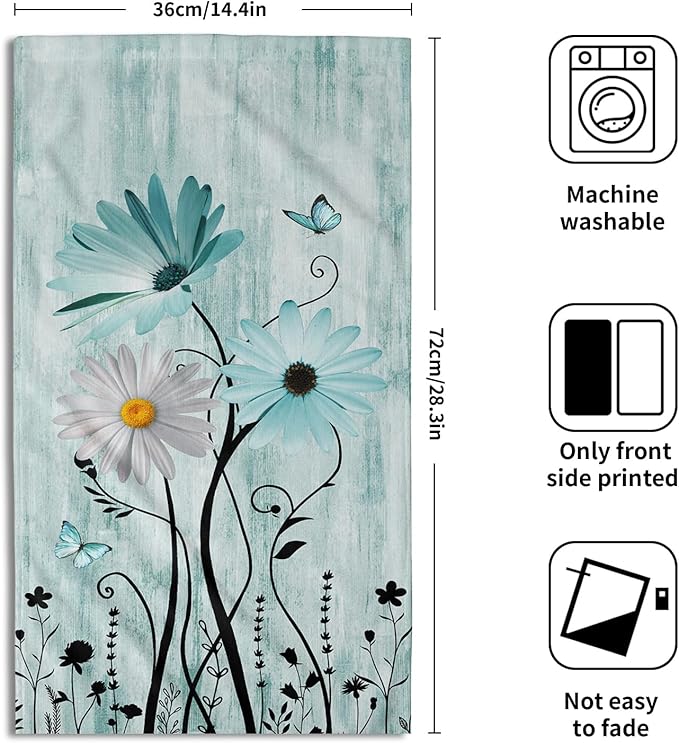 Giwawa Daisy Towel Set of 2, Spring Teal White Floral Hand Fingertip Towels, Turquoise Flowers Butterfly Face Kitchen Towel Fast Dry Dish Wash Cloth for Hotel Bathroom Gym Home Spa Decor