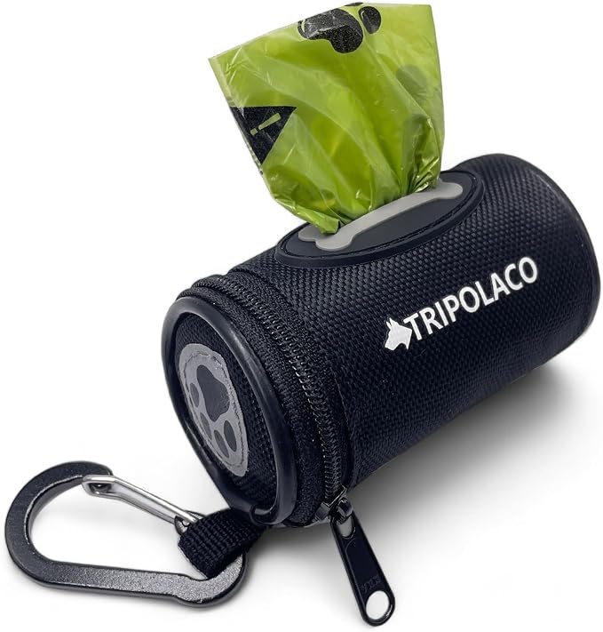 Dog Poop Bag Holder for Leash, Easy Release Doggie Poop Bag Dispenser, Fits Most Standard Poo Bags, Soft Fabric Dog Waste Bag Holder with Carabiner Clip, Compatible with All Leashes, Black