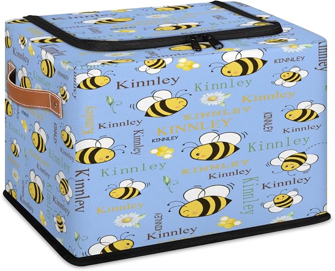Personalized Name Storage Basket with Zipper Lid, Light Sky Blue Canvas Storage Bins Toys Clothes Organizer for Bedroom, Bathroom, Shelves, Closets, Bee with Daisy Floral