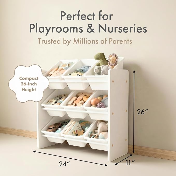 Humble Crew Kids Toy Organizer with 9 Bins, 3 Tier Storage for Playroom | Sturdy wood and steel toddler shelf, removable BPA-free containers, wall anchor anti-tip safety kit for bedroom or classroom
