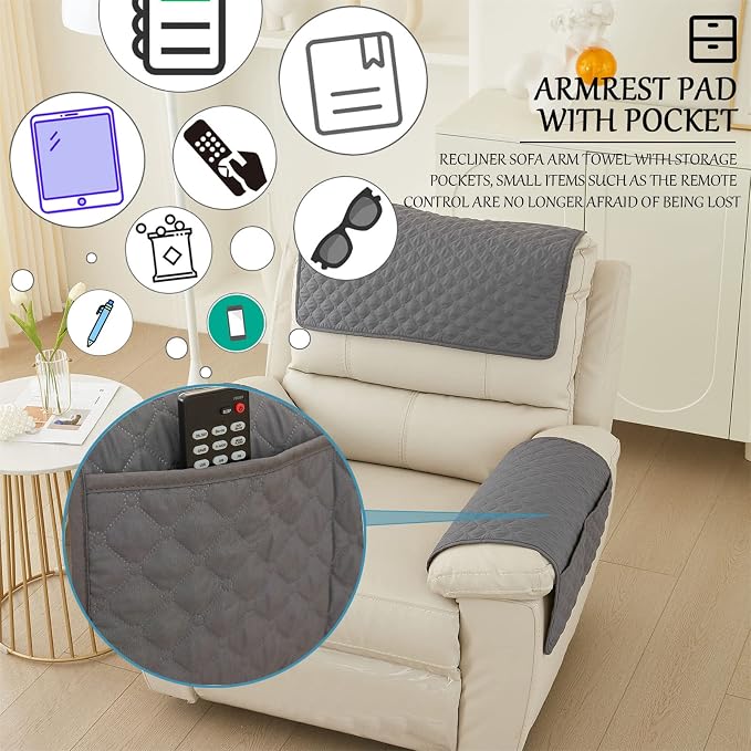 Water-Resistant Sofa Armrest and Headrest Covers, 2 Pockets | Quilted polyester helps shield recliners, loveseats and sofas from daily wear; silicone backing and fasteners improve grip