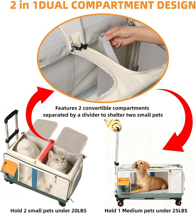 Large Cat Carrier with Wheels for 2 Cat, Double Rolling Pets Carrier on Wheel, Foldable Soft-Sided Carriers with Telescopic Handle, for Small Dogs Travel Bag for Outdoor Hiking Camping
