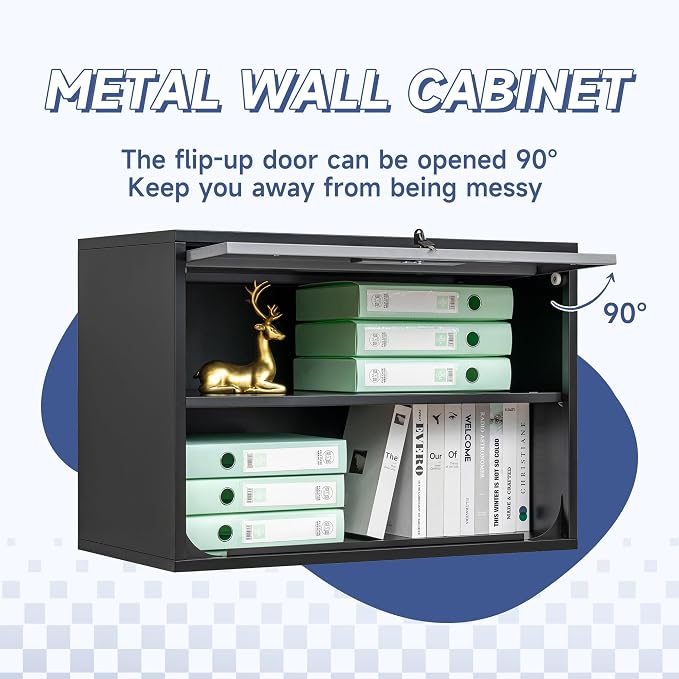 Metal Wall Cabinet with Locking Door and Shelf, Hanging Garage Cabinets with Up-Flip Doors for Garage, Warehouse, Home, Office, Assembly Required (Black Grey, One Cabinet)