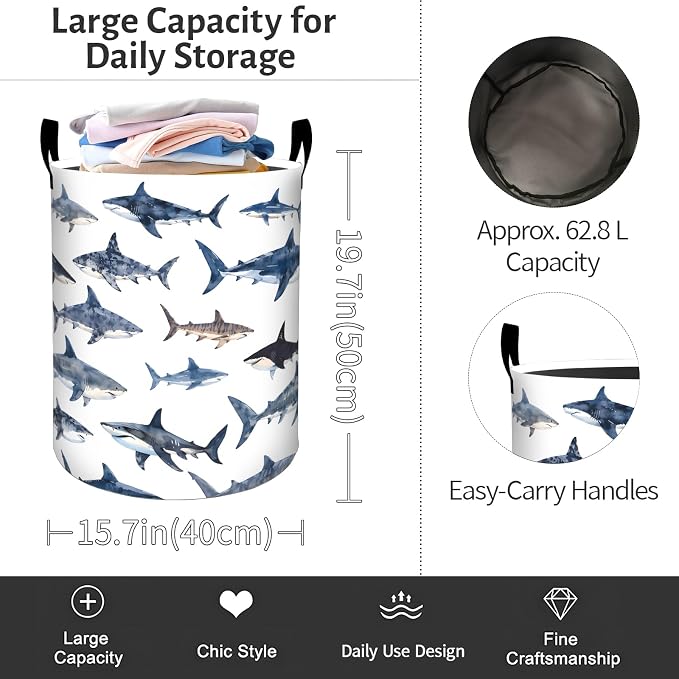 Shark Laundry Basket, Ocean Animal Print Foldable Oxford Cloth, Waterproof Dirty Clothes Hamper with Handles, Clothing Storage Bin Toy Organizer for Bedroom Dorm Bathroom, 19.7"x15.7"