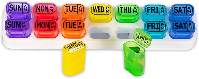 Weekly Pill Organizer 7 Day AM PM, Pop Out Daily Pill Pods with Tray by GMS | Rainbow 2 Times a Day Travel Pill Case, Separate Removable Compartments with Secure Lids for Medication & Vitamins
