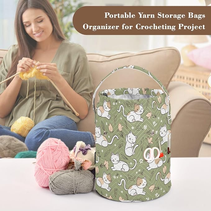 Fustylead Simple Cute Cats and Flower Leaves Crochet Drawstring Organizer, Large Yarn Bag Storage Tote Basket for Crocheting On The Go, Kit Holder, Gift for Knitter, Crochet Beginner