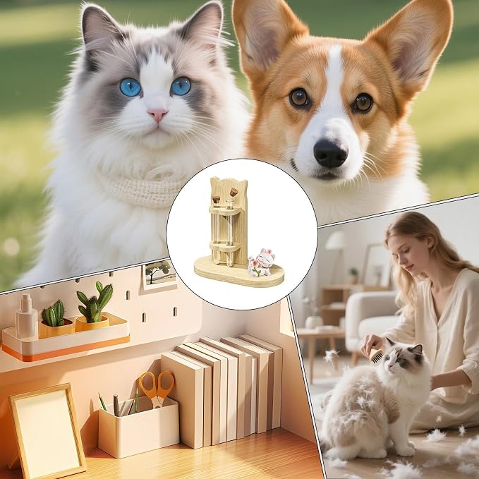 Cat Holder - Decorative Double Tube Storage with Cork Stopper | Miniature Vase Keepsake Container for Pet Hair Collection, Desk Car Garden Office Desktop Decor