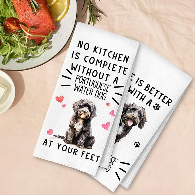 Portuguese Dog Kitchen Towels, Portuguese Water Dog Gifts Dish Tea Towels for Kitchen Decor, Dogs Lover Gifts Decorative Hand Towel, 16x24 Inches Set of 2
