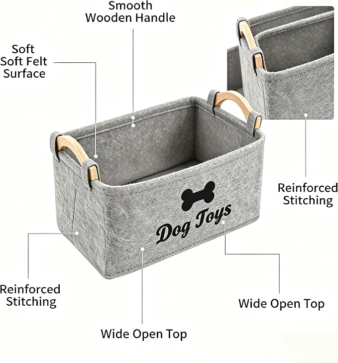 Dog Toy Storage Basket, Felt Pet Toy Organizer with Wooden Handles, Collapsible Pet Supplies Storage Bin for Dog Cat Toys, Treats, Accessories, Home Office Closet Organizer (LightGray-2)