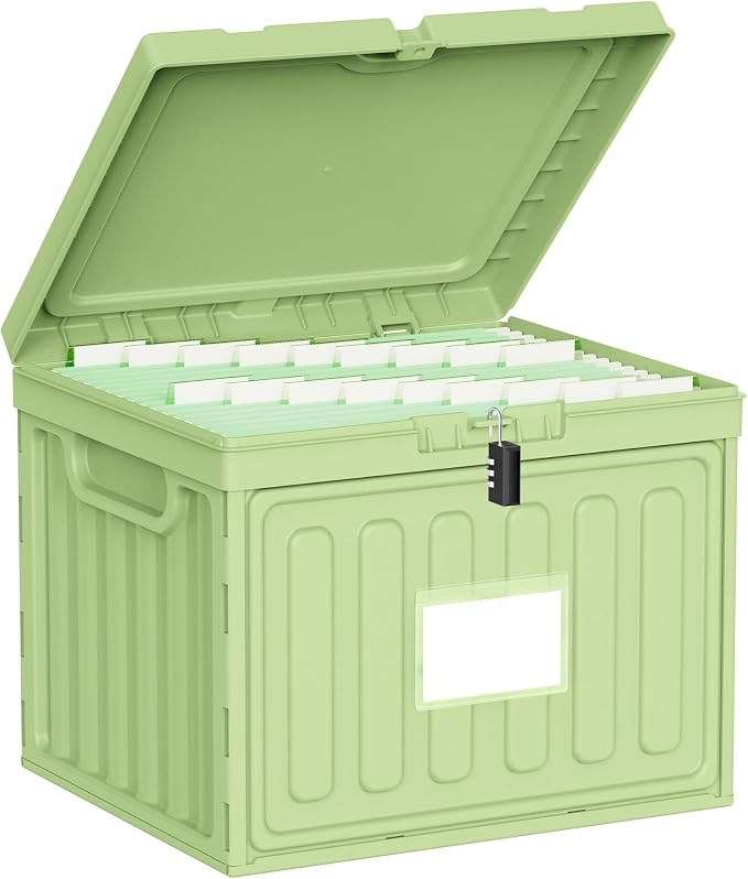 Oterri Lockable Stackable Plastic File Box with Lid for Letter-Size | Hanging File Folders Not Included. Green, Large 1-Pack. Home, Office, Classroom, Dorm, Tax, Under Bed, Filing Cabinet.