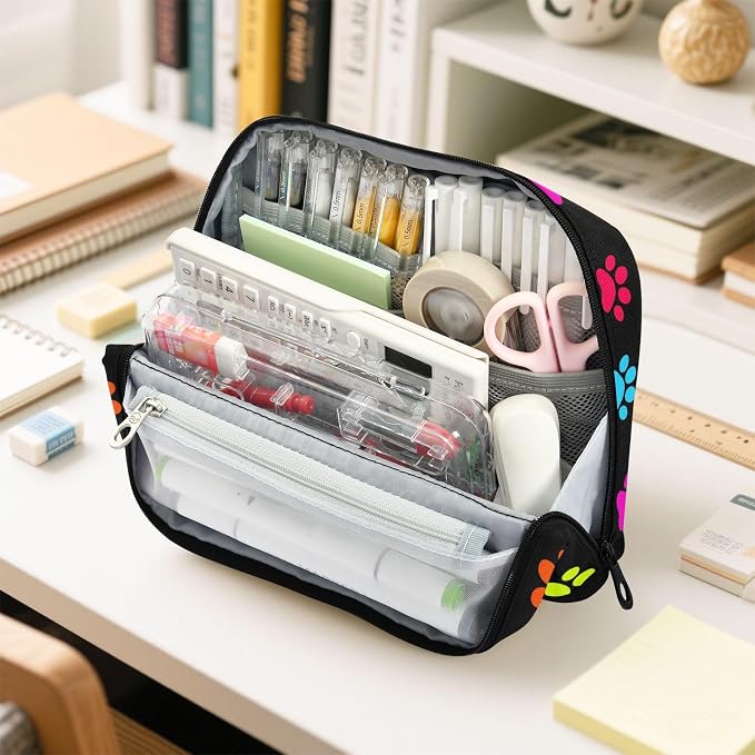 Aslsiy Large Capacity Pencil Case Bright Color Pet Paws (3) Pencil Pouch for Boys Girls Portable Pen Bag Organizer Standing Makeup Bag for School Office Supplies