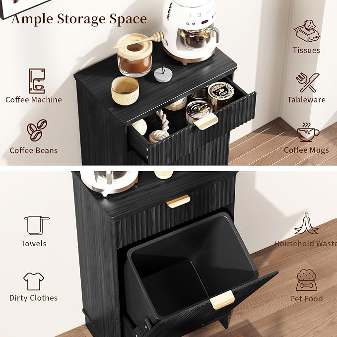 Dog Food Storage Cabinet, Pet Feeding Station with 2 Hidden Bowls, Black