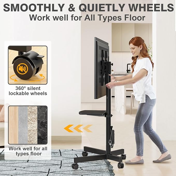 Mobile TV Stand with Power Outlet for 23-65 Inch TVs up to 88 lbs | Tilt Rolling TV Cart with Height Adjustment & Locking Wheels, Portable TV Stand for Bedroom, Office, Max VESA 400x400mm