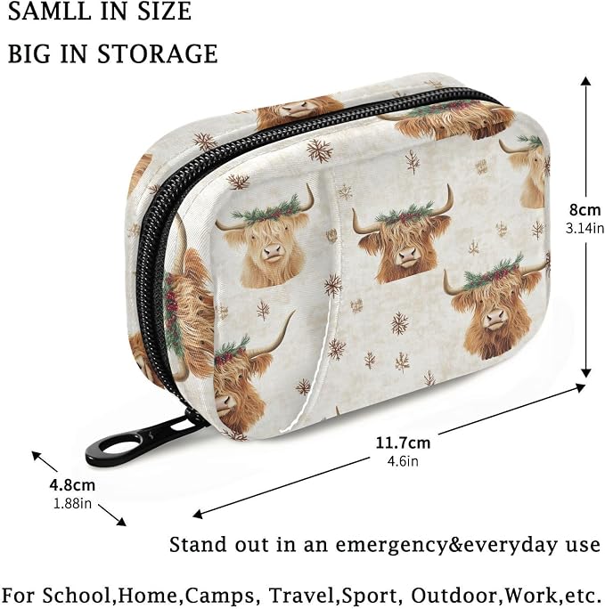 Fustylead Christmas Shaggy Highland Cows and Decor Pill Organizer Travel Bag, Small Portable Pill Case Cute for Vitamin Fish Oil Supplements Medicine Organizer with Zipper