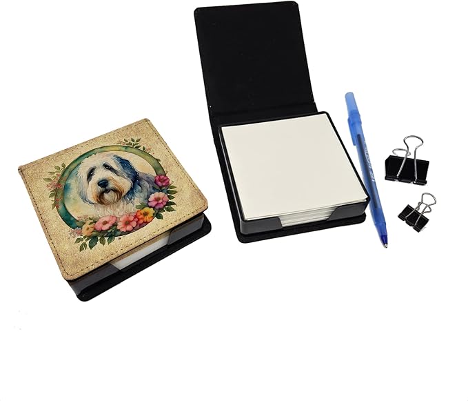 Caroline's Treasures Old English Sheepdog and Flowers PU Leather Note Paper Holder with Artist-Designed Cover, Desk Accessory, Office Gift