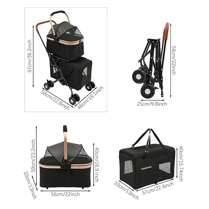 Double Dog Stroller for 2 Small & Medium Pets, Double Pet Stroller with Detachable Carriers, Foldable Dog Stroller for 2 Dogs, Two-Seater Carrier Dog Walk Jogger Travel Pet Carriage Cart (Black)