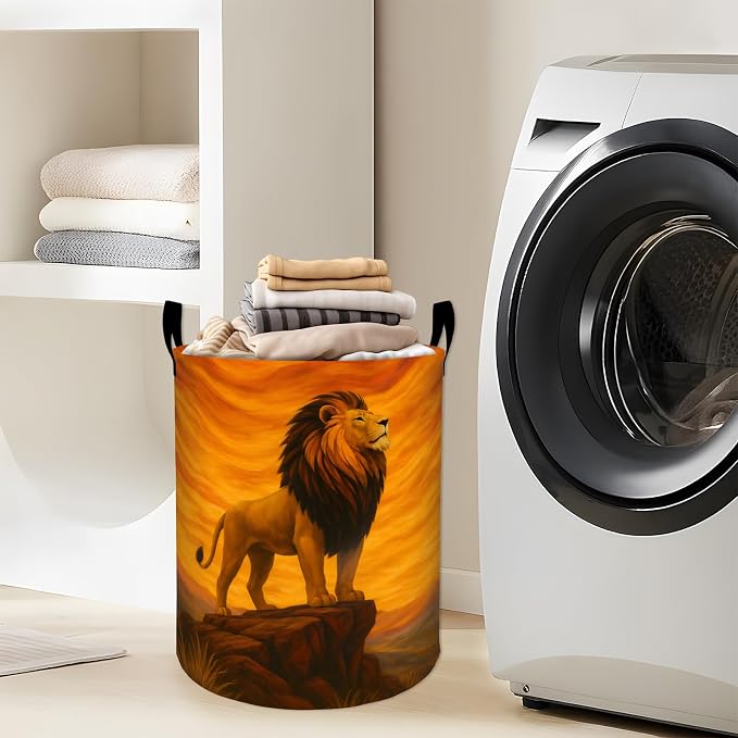 Majestic Lion Laundry Basket, Golden Mountain Rock Cliff Storage Hamper, Round Collapsible Waterproof Cloth Bin, 19.7x15.7 Inch Wildlife Art Clothes Organizer Gifts for Bathroom Decor