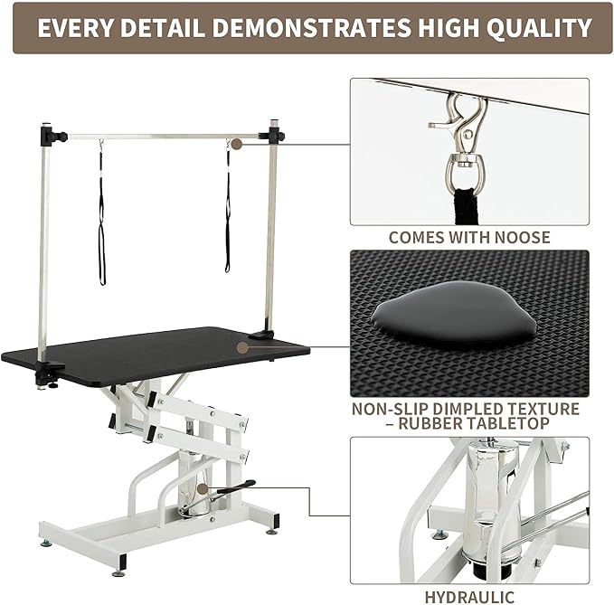 Hydraulic Dog Pet Grooming Table, 42 Inch Heavy Duty Professional Pet Grooming Station 21'' -36'' Height Adjustable for Large Dog at Home with Adjustable Overhead Arm, Clamp and Grooming Noose, Black