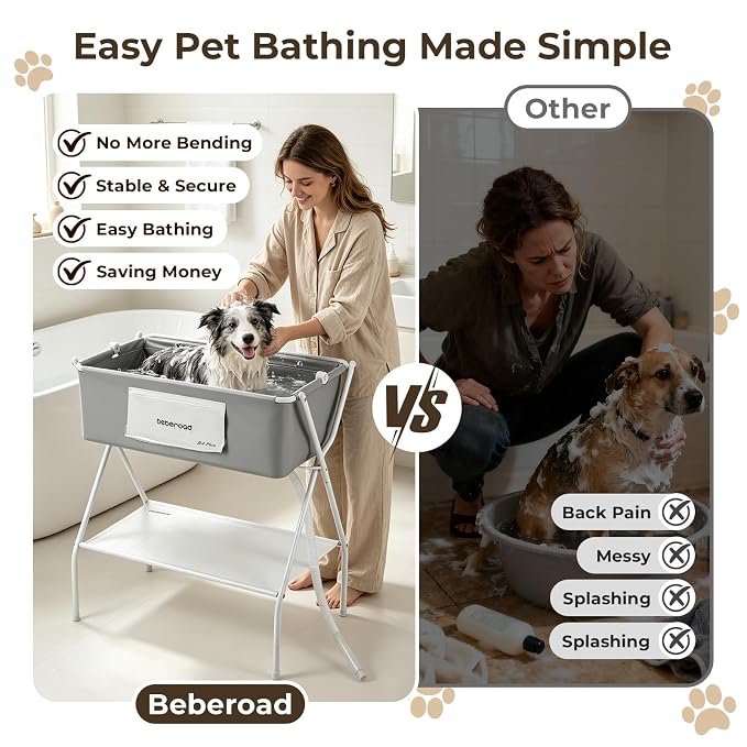 Dog Bathtub Dog Washing Station with Scrubber for Medium Dogs 135lbs or Two Small Pets, B4 Plus Foldable Dog Tub for Bathing and Grooming, Portable Collapsible Dog Shower Tub