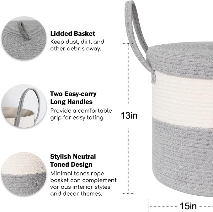 Storage Basket with Lid, Blanket Basket Living Room, Large Woven Cotton Rope Baskets for Storage, Kids Toy Storage Bin, Wicker Laundry Basket, Blankets Pillows Organizer Holder,15"x13", Gray