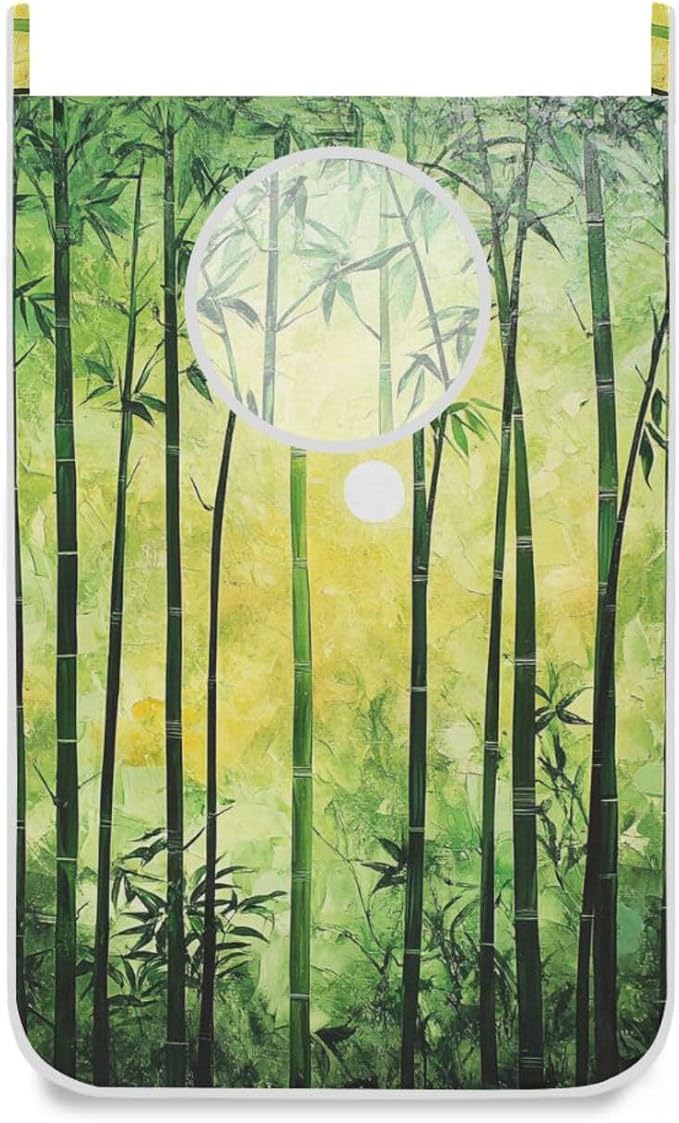 2PCS Hanging Laundry Hamper Bag Over the Door Laundry Hamper Wall Hamper Large Dirty Clothes Hamper with Stainless Steel Hooks 29.5x20Inch Green Bamboo Forest Silhouette Sunset