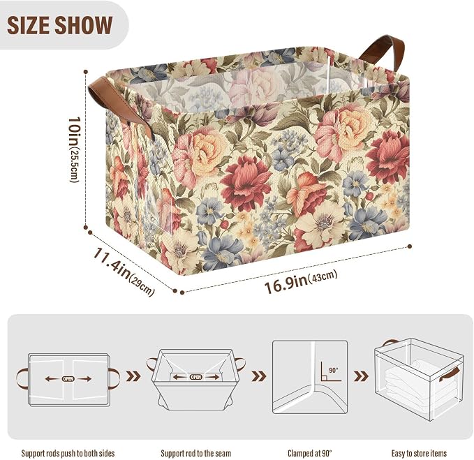 Vintage Peony Flower Retro Floral Storage Basket Foldable Cube Storage Bins with Handles&Label Collapsible Organizer Box Bin Rectangle Decorative Baskets for Shelves Home Living Room Closet, 2 Pack