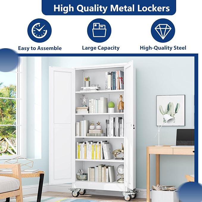 Ckzbx Metal Garage Storage Cabinet with Locking Doors and Adjustable Shelves,71" H Rolling Tool Storage with Wheels for Garage,Office (White)