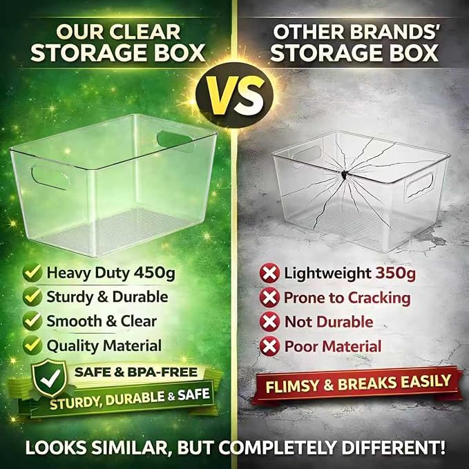 6 Pack Clear Plastic Storage Bins, Kitchen&Pantry Organizer Large | Heavy-duty 450g BPA-free PETG containers with handles for fridge, under-sink, bathroom, office, closet, and dorm storage